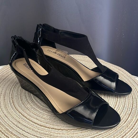 Ellen Tracy Black Patent sandals heels open toe sz 8 - Picture 3 of 11